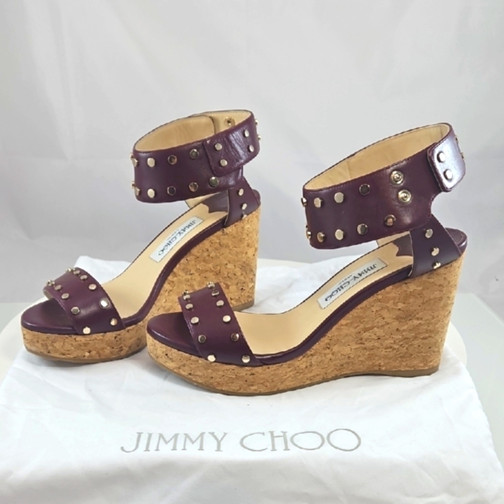 Jimmy Choo Nelly Maroon Gold Studs Cork Wedge Sandal Size 9